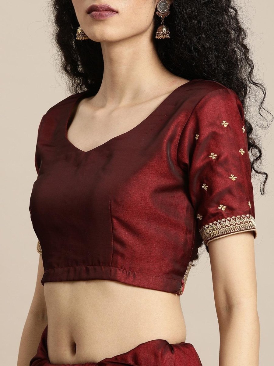 Maroon Silk Blend Embroidered Saree - inddus-us