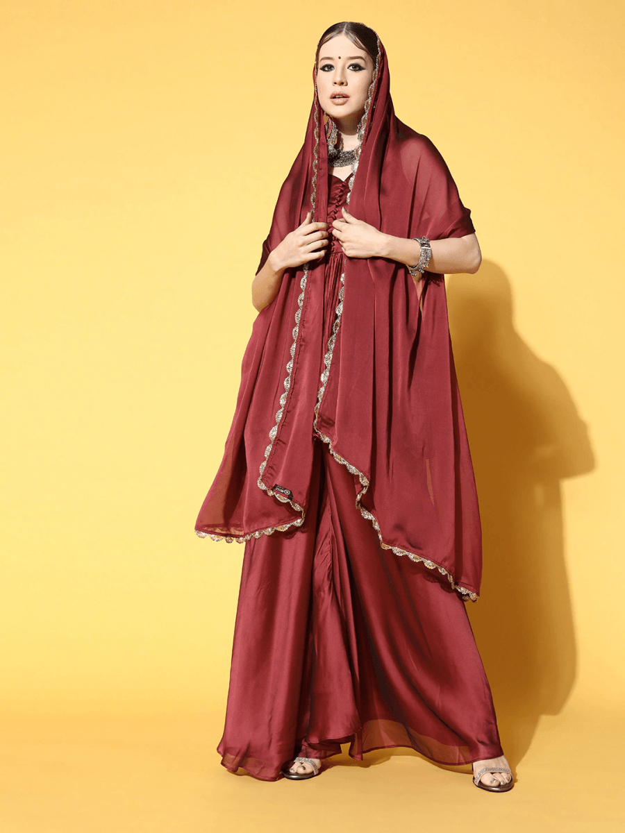 Maroon Silk Blend Solid With Salwar Kameez Duppata - Inddus.com