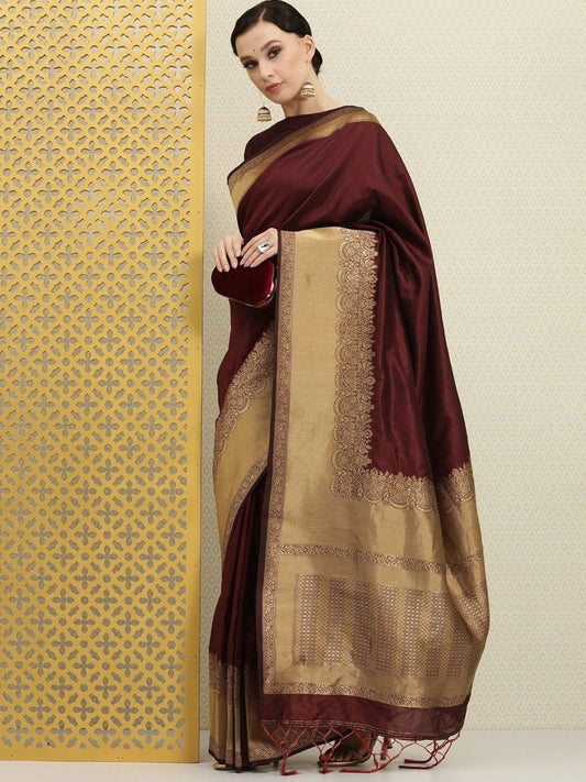 Maroon Solid Etnic Motifs Zari Woven Border Saree - inddus-us