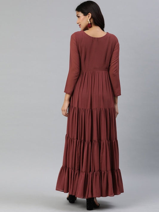 Maroon Solid Fit and Flare Dress With Embellishment - inddus-us