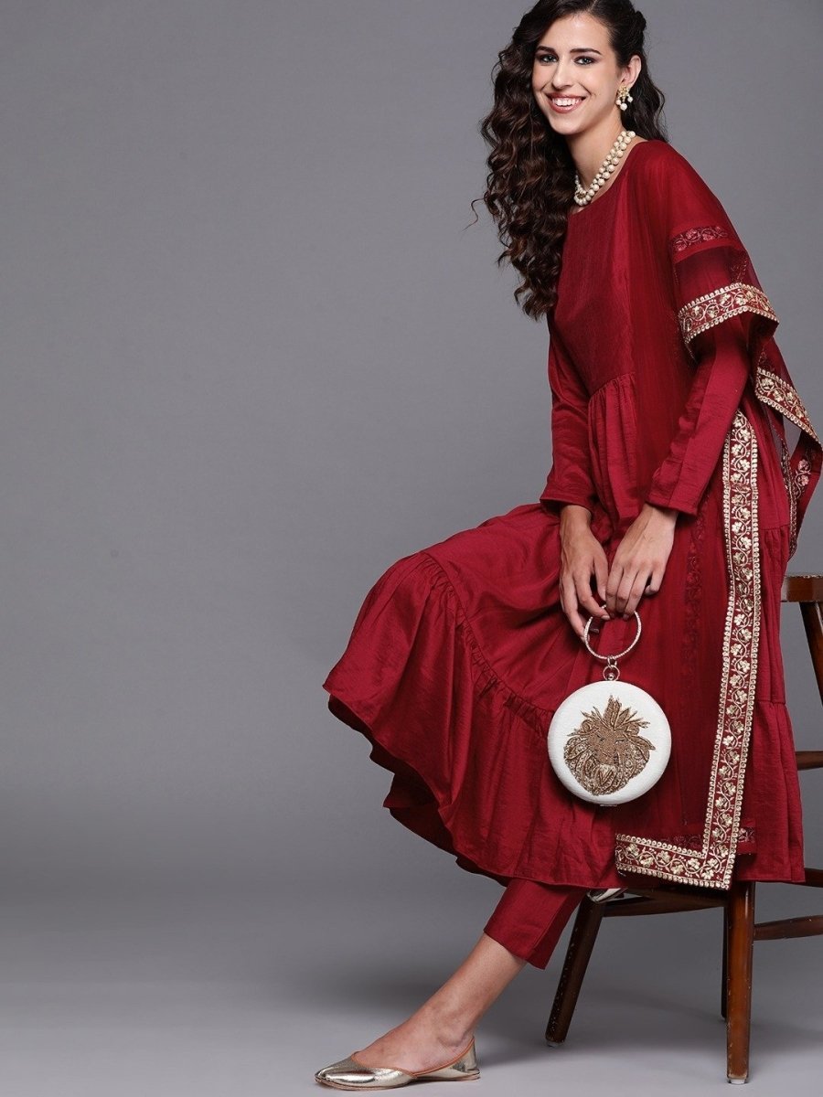 Maroon Solid Kurta with Trouser and Dupatta - Inddus.com