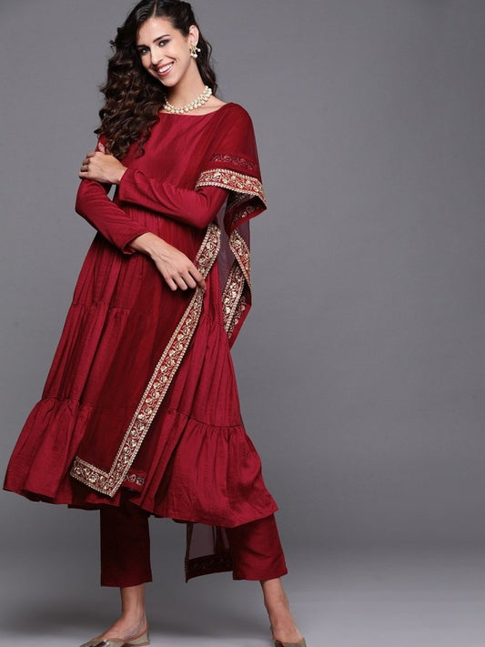 Maroon Solid Kurta with Trouser and Dupatta - Inddus.com