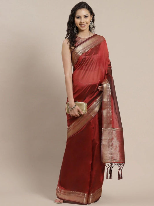 Maroon Solid Organza Woven Border Saree - inddus-us