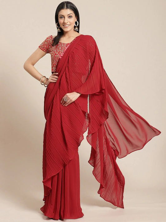 Maroon Solid Ruffled Saree - Inddus.com