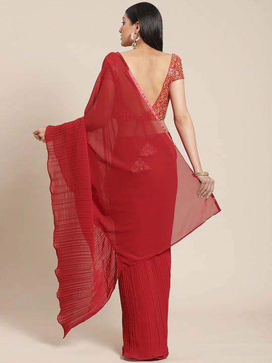 Maroon Solid Ruffled Saree - Inddus.com