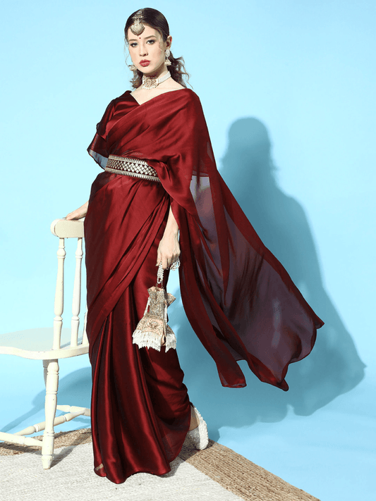 Maroon Solid Saree with Embellished Belt - Inddus.com