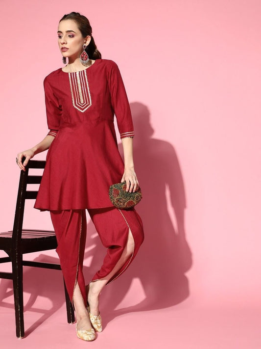 Maroon Solid Yoke Laced Kurta with Dhoti Pants - Inddus.com