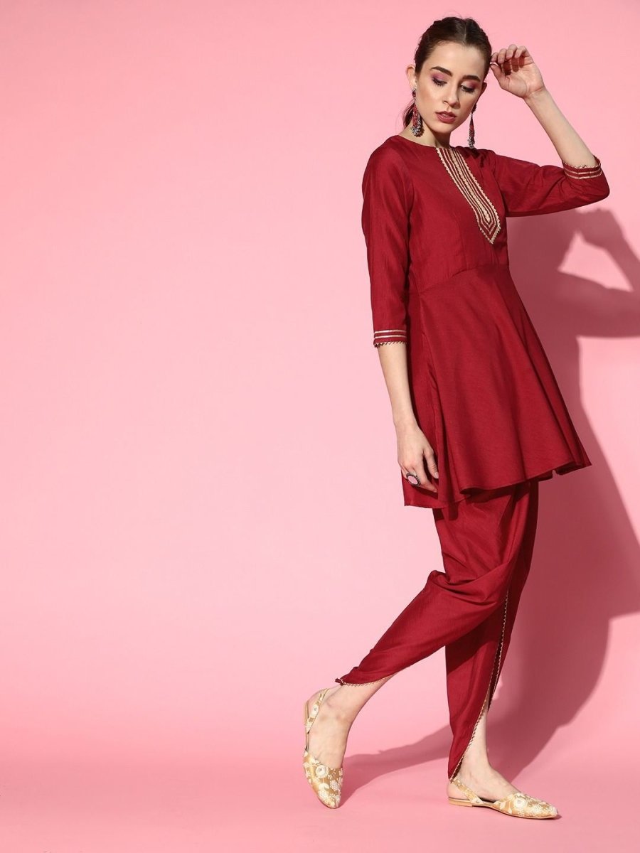 Maroon Solid Yoke Laced Kurta with Dhoti Pants - Inddus.com