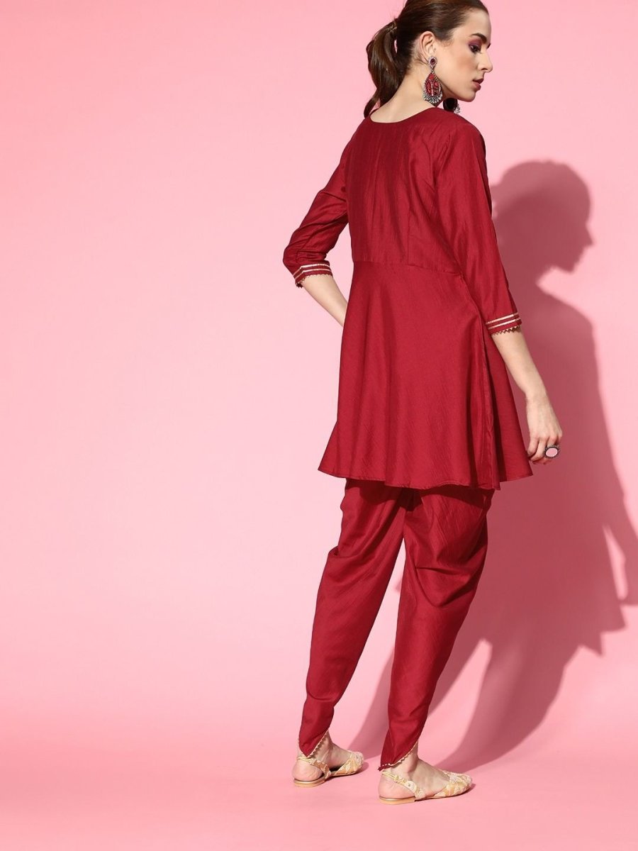 Maroon Solid Yoke Laced Kurta with Dhoti Pants - Inddus.com