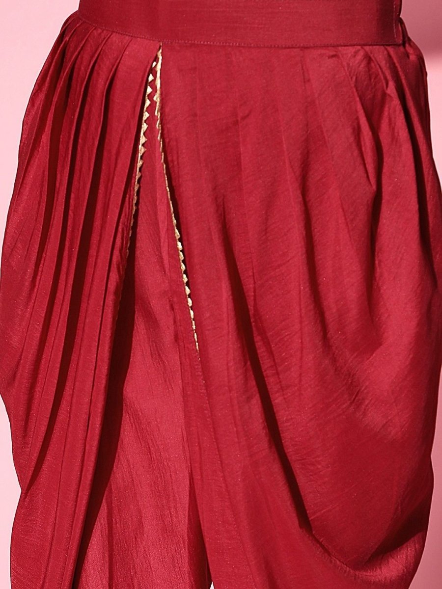 Maroon Solid Yoke Laced Kurta with Dhoti Pants - Inddus.com