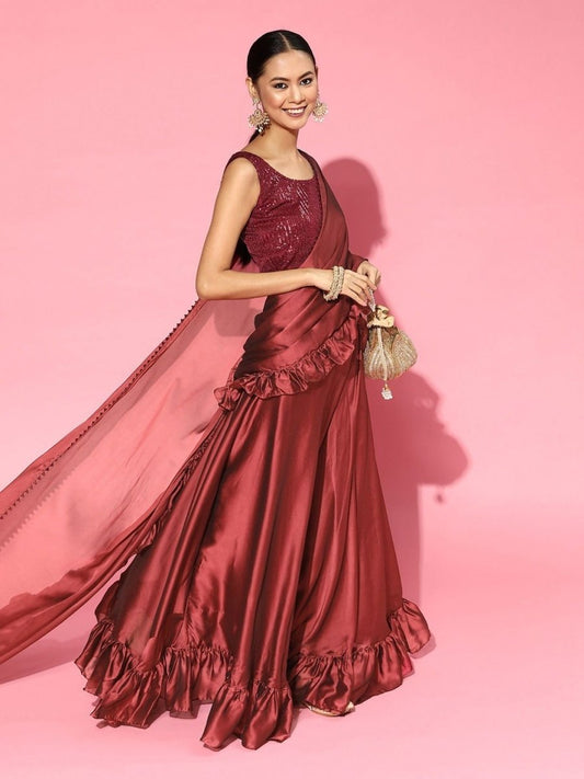 Maroon Stitched Ruffled Lehenga Saree with Sequinned Stretchable Blouse - inddus-us