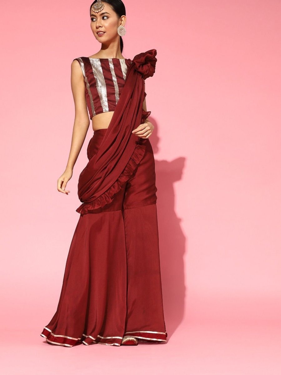 Maroon Stitched Ruffled Sharara Saree with Woven Blouse Piece - inddus-us