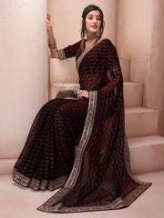 Maroon Striped Embroidered Sequinned Poly Chiffon Saree