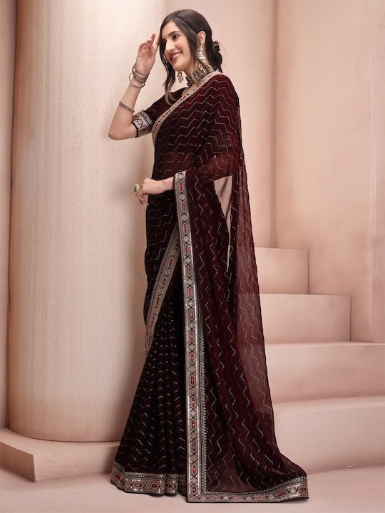 Maroon Striped Embroidered Sequinned Poly Chiffon Saree