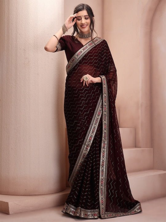 Maroon Striped Embroidered Sequinned Poly Chiffon Saree