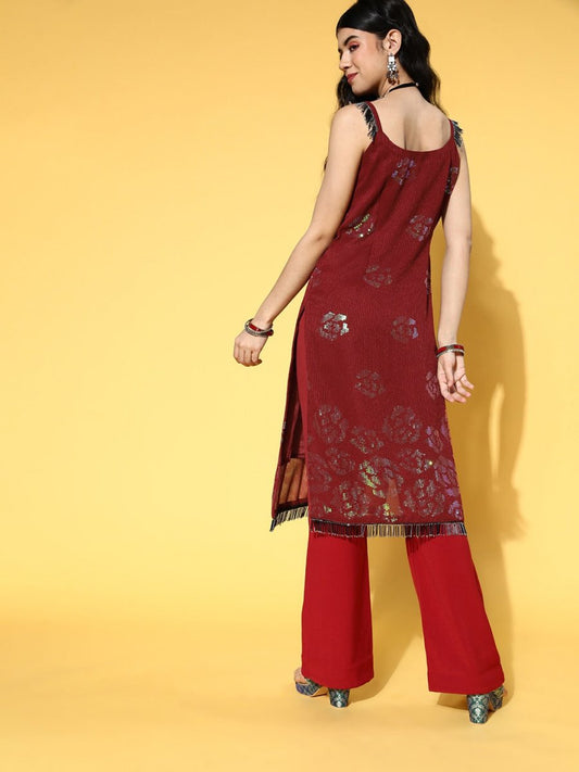 Maroon Striped Georgette Sequinned Embroidered Kurta - Inddus.com