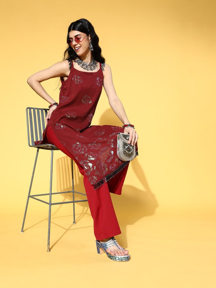 Maroon Striped Georgette Sequinned Embroidered Kurta - Inddus.com