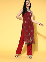 Maroon Striped Georgette Sequinned Embroidered Kurta - Inddus.com