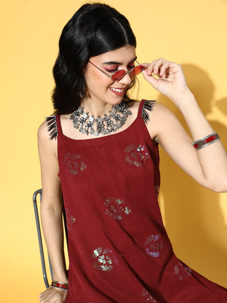 Maroon Striped Georgette Sequinned Embroidered Kurta - Inddus.com