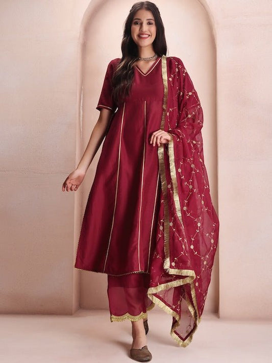 Maroon V-Neck Regular Kurta & Palazzos With Dupatta - Inddus.com