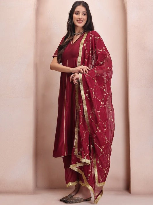 Maroon V-Neck Regular Kurta & Palazzos With Dupatta - Inddus.com