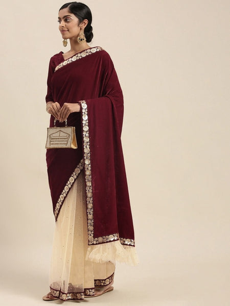 Half Velvet Half Net Maroon Saree – kreationbykj