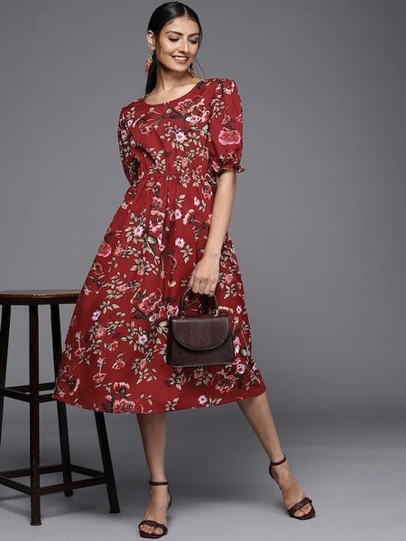 Maroon Floral Print Ethnic A-line Pure Cotton Midi Dress for Women, Indo  Western Dress, Indian Ethnic Dress for Women, Fusion Midi Dress -   Canada