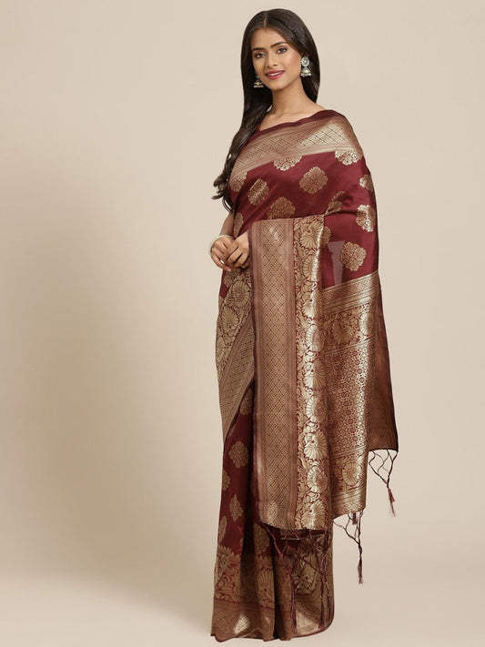 Maroon Zari Woven Banarasi Saree - Inddus.com