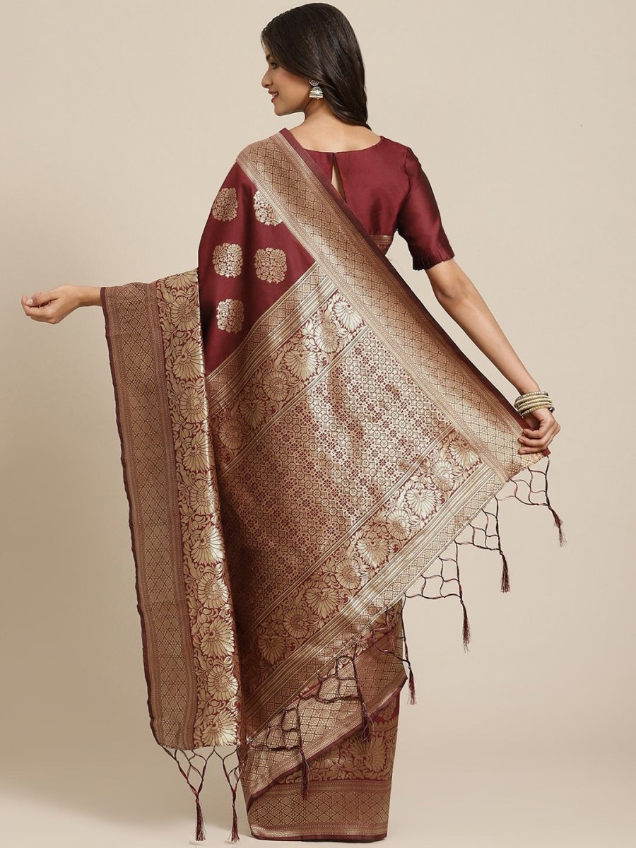 Maroon Zari Woven Banarasi Saree - Inddus.com