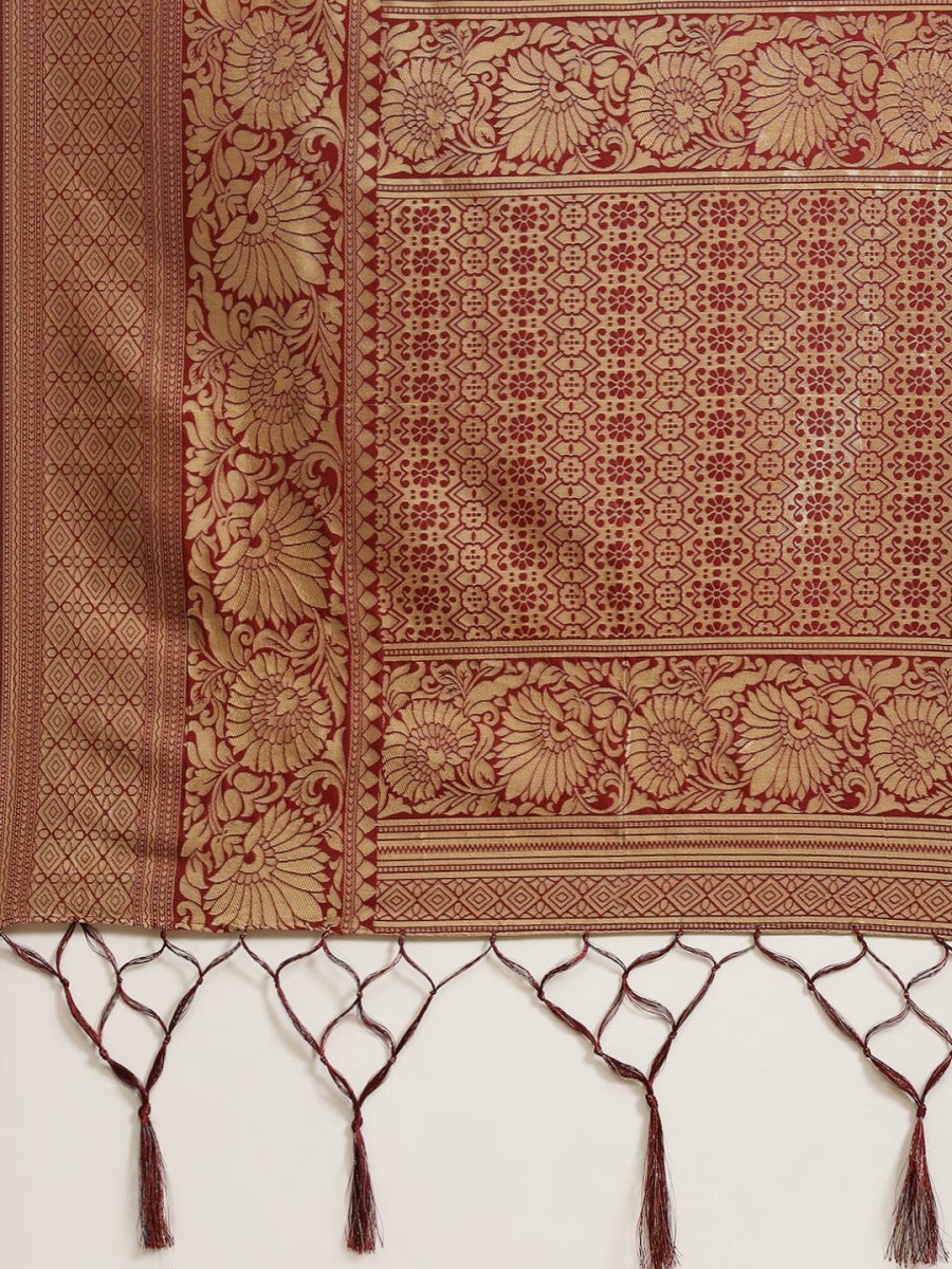 Maroon Zari Woven Banarasi Saree - Inddus.com