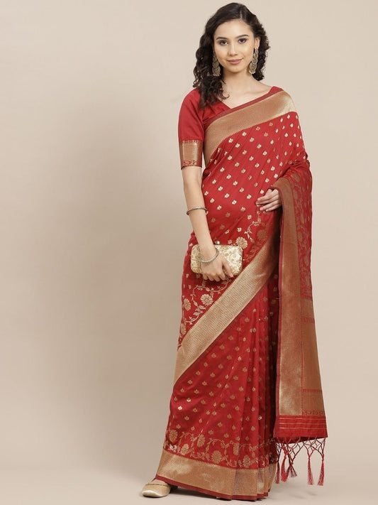 Maroon Zari Woven Saree - inddus-us