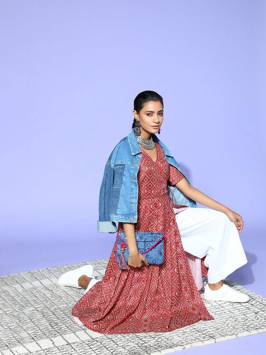 Marron Ethnic Printed Angrakha Kurta - Inddus.com