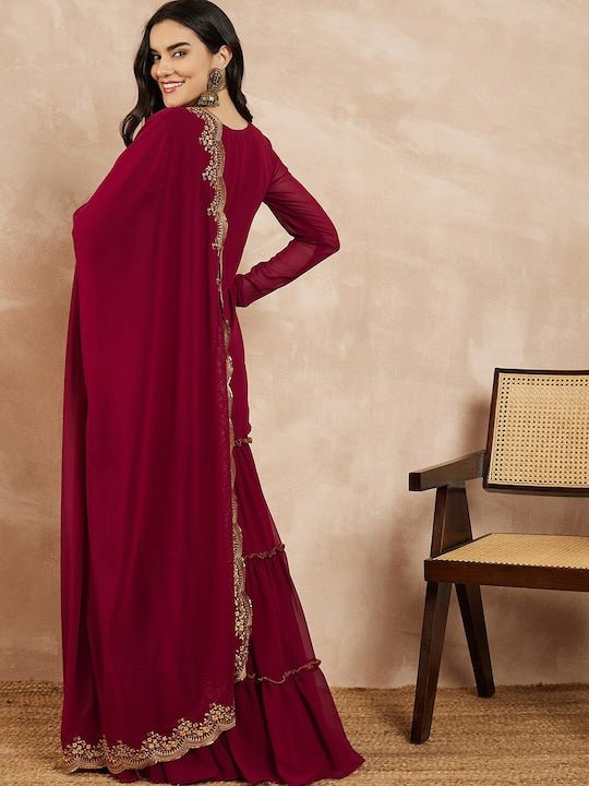 Marron & Gold Toned Yoke Design Embroidered Straight Kurta With Sharara & Dupatta - Inddus.com