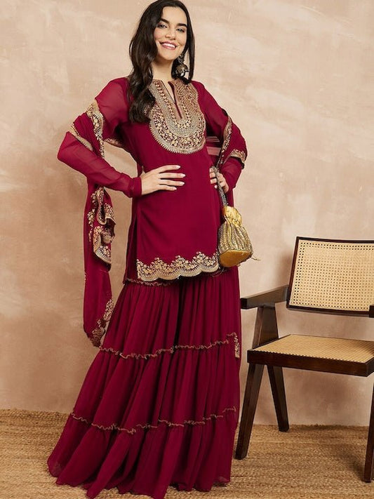 Marron & Gold Toned Yoke Design Embroidered Straight Kurta With Sharara & Dupatta - Inddus.com