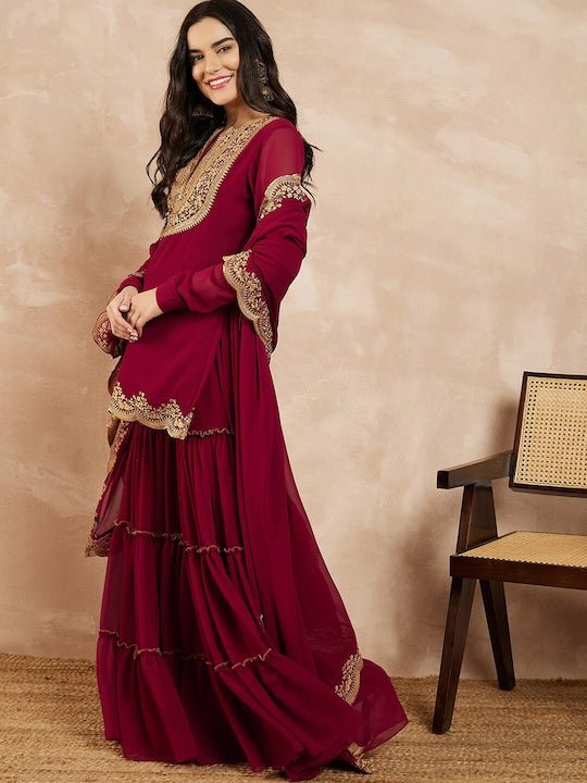 Marron & Gold Toned Yoke Design Embroidered Straight Kurta With Sharara & Dupatta - Inddus.com