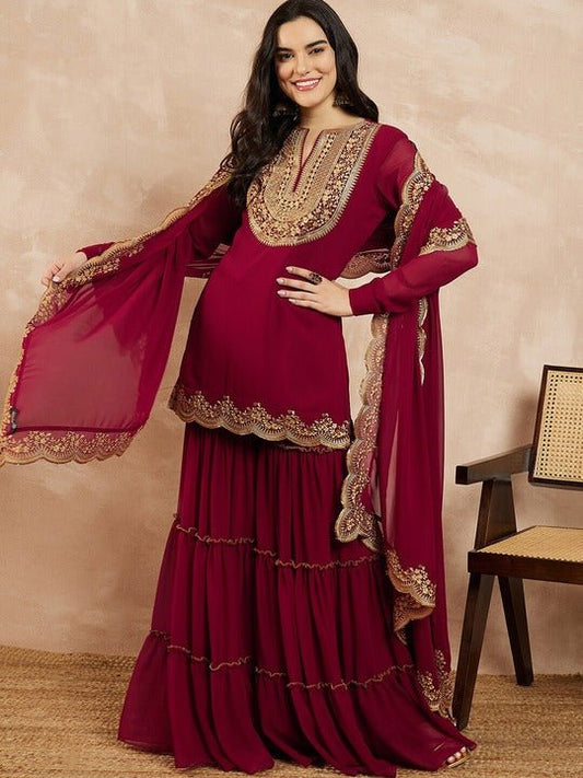 Marron & Gold Toned Yoke Design Embroidered Straight Kurta With Sharara & Dupatta - Inddus.com