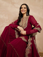 Marron & Gold Toned Yoke Design Embroidered Straight Kurta With Sharara & Dupatta - Inddus.com