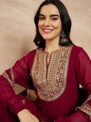 Marron & Gold Toned Yoke Design Embroidered Straight Kurta With Sharara & Dupatta - Inddus.com