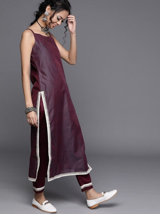 Mauve Chanderi Cotton Solid Straight Cut Suit - Inddus.com