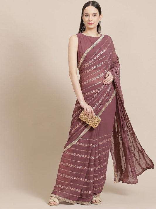 Mauve Embroidered Saree with Blouse - Inddus.com