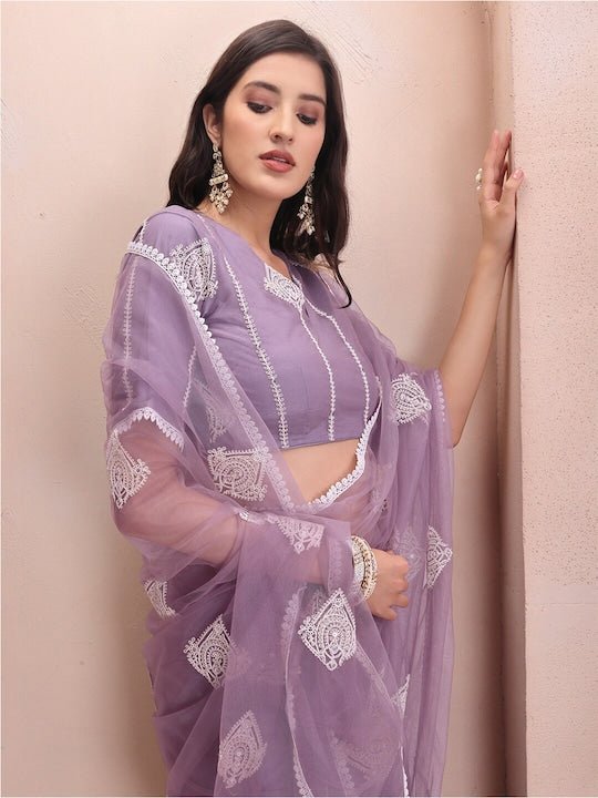 Mauve Ethnic Motifs Embroidered Net Saree - Inddus.com