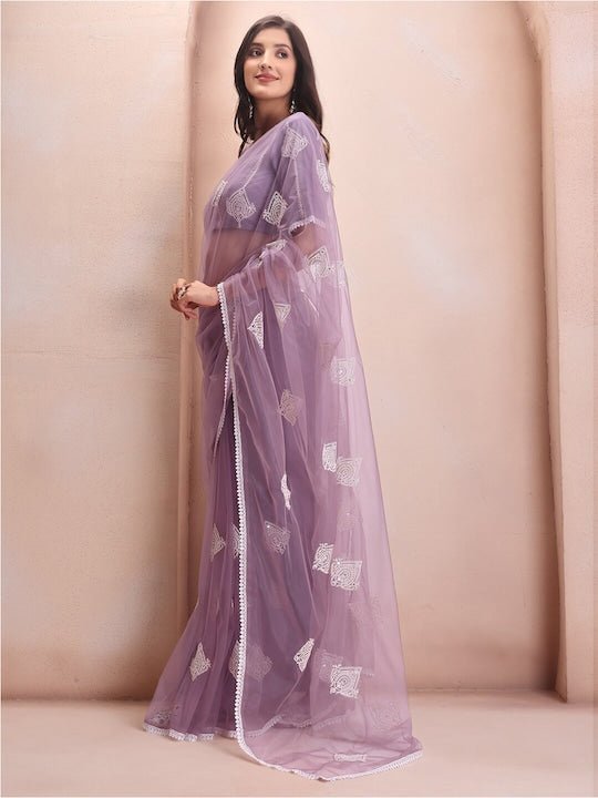 Mauve Ethnic Motifs Embroidered Net Saree - Inddus.com