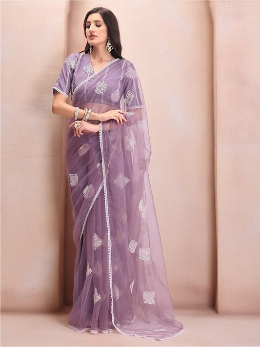 Mauve Ethnic Motifs Embroidered Net Saree - Inddus.com