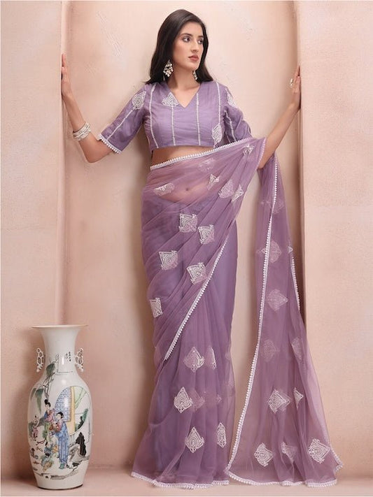 Mauve Ethnic Motifs Embroidered Net Saree - Inddus.com