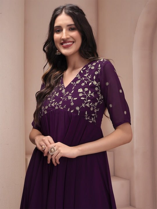 Mauve Floral Embroidered Georgette Anarkali Kurta with Trousers - Inddus.com