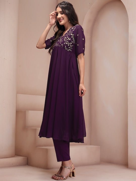 Mauve Floral Embroidered Georgette Anarkali Kurta with Trousers - Inddus.com