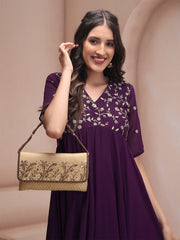 Mauve Floral Embroidered Georgette Anarkali Kurta with Trousers - Inddus.com