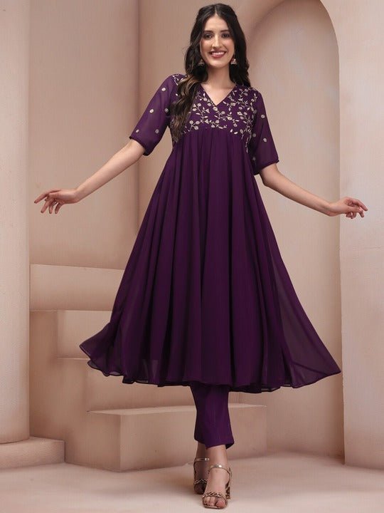 Mauve Floral Embroidered Georgette Anarkali Kurta with Trousers - Inddus.com