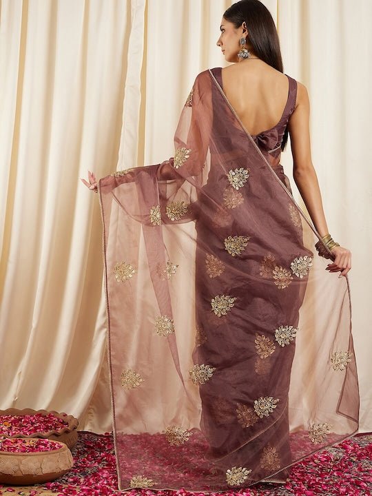 Mauve Floral Embroidered Sequinned Organza Saree - Inddus.com