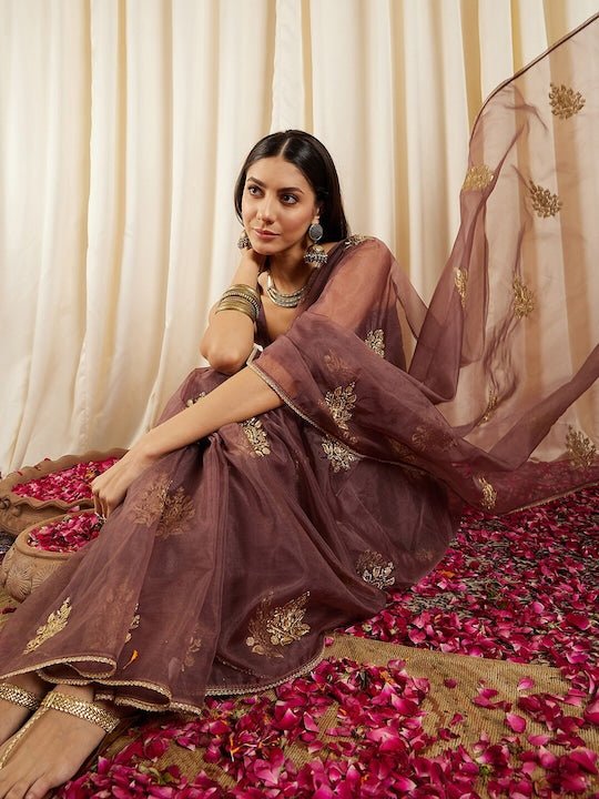 Mauve Floral Embroidered Sequinned Organza Saree - Inddus.com